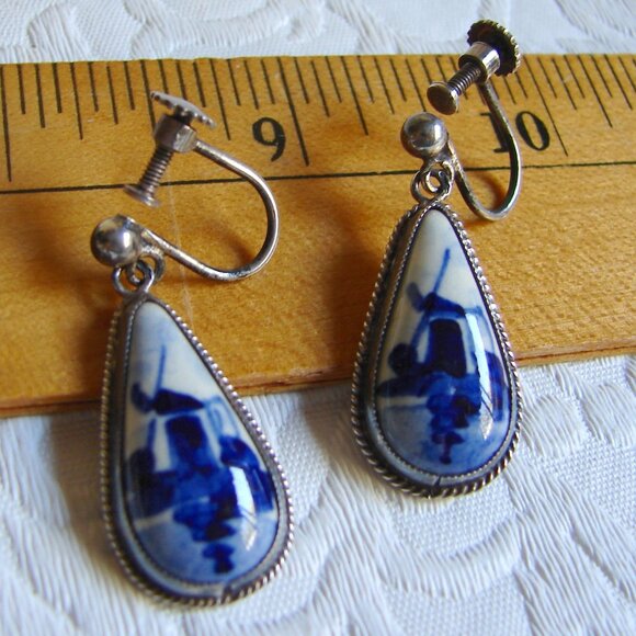 Sterling 835 Silver Delft Blue Windmill Drop/Dangle EARRINGS, Signed F54b - Picture 4 of 8